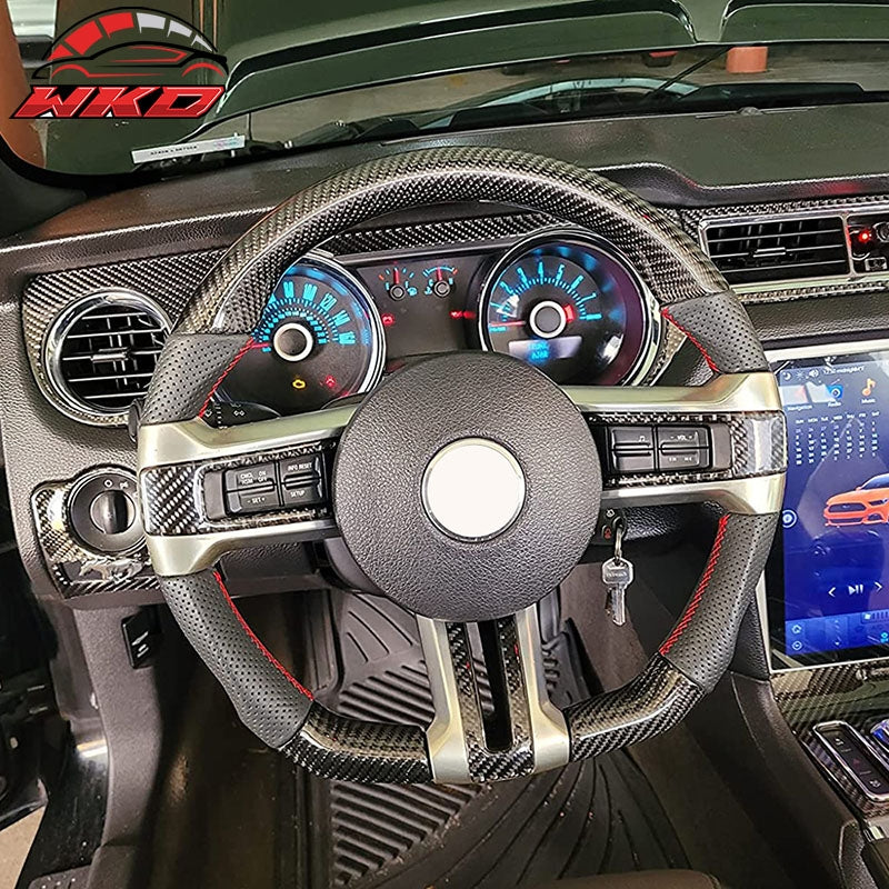 Fits 10-14 Ford Mustang Carbon Fiber + Leather Steering Wheel W/Red Stitching