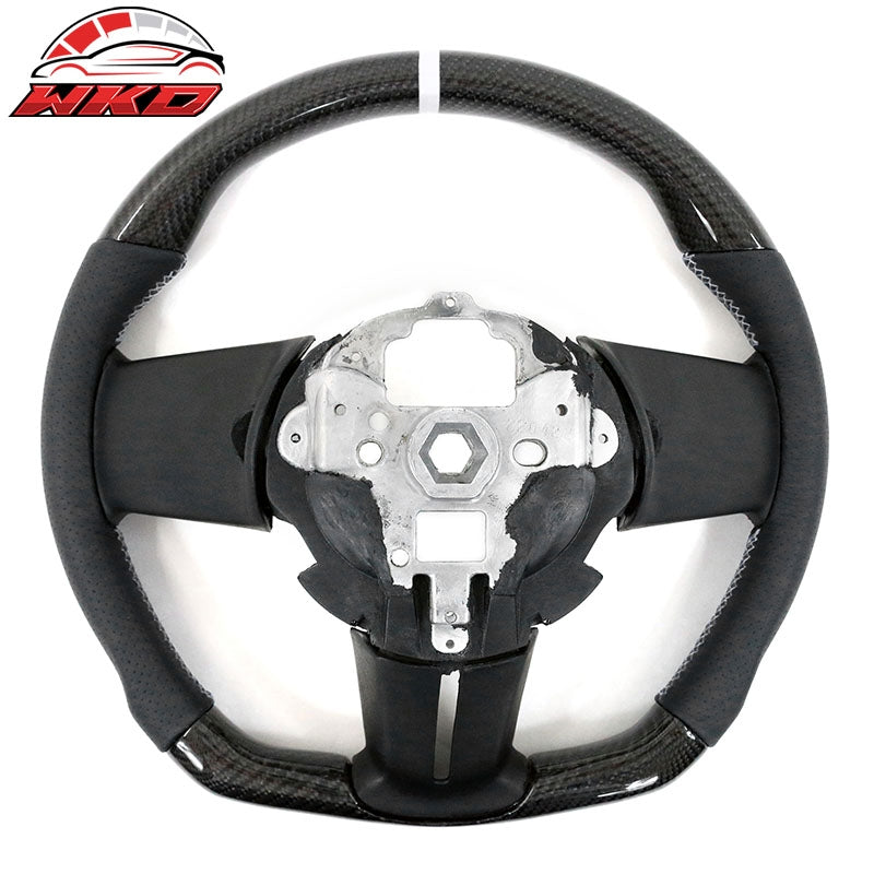Fit 10-14 Ford Mustang Steering Wheel Carbon Fiber Leather White Stitch & Ring