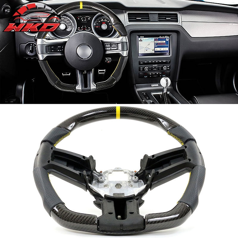 Fit 10-14 Ford Mustang Steering Wheel Carbon Fiber Leather Yellow Stitch & Ring