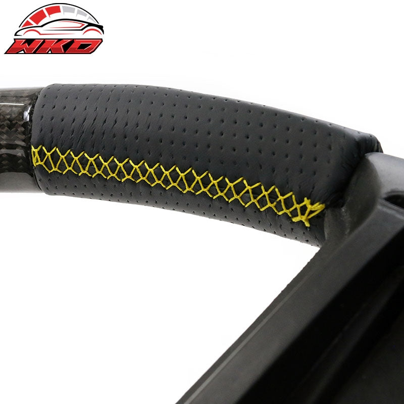 Fit 10-14 Ford Mustang Steering Wheel Carbon Fiber Leather Yellow Stitch & Ring