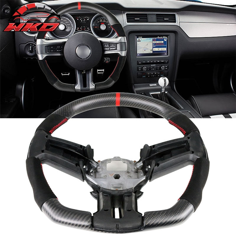 Fit 10-14 Ford Mustang Steering Wheel Matte Carbon Fiber Alcantara Red Ring