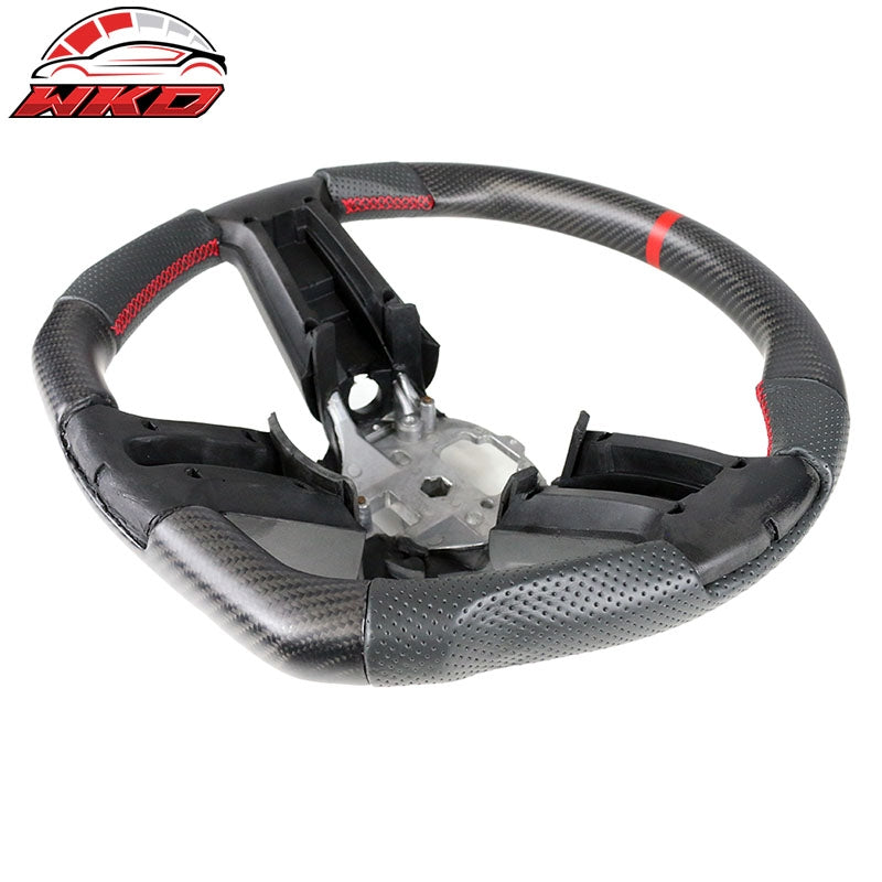 Fits 10-14 Ford Mustang Steering Wheel Matte Carbon Fiber W/Leather Red Ring