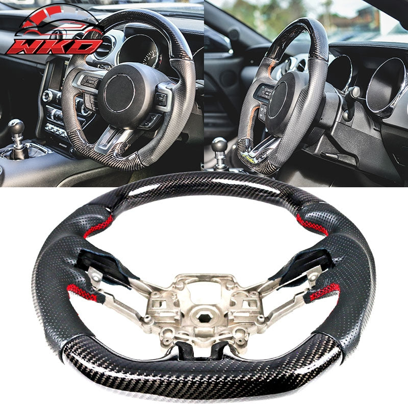 Fits 18-23 Ford Mustang Carbon Fiber & Leather Steering Wheel W/Red Stitching