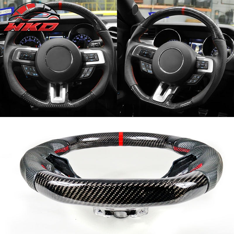 Fits 18-23 Ford Mustang Carbon Fiber Leather Steering Wheel Red Stitching & Ring