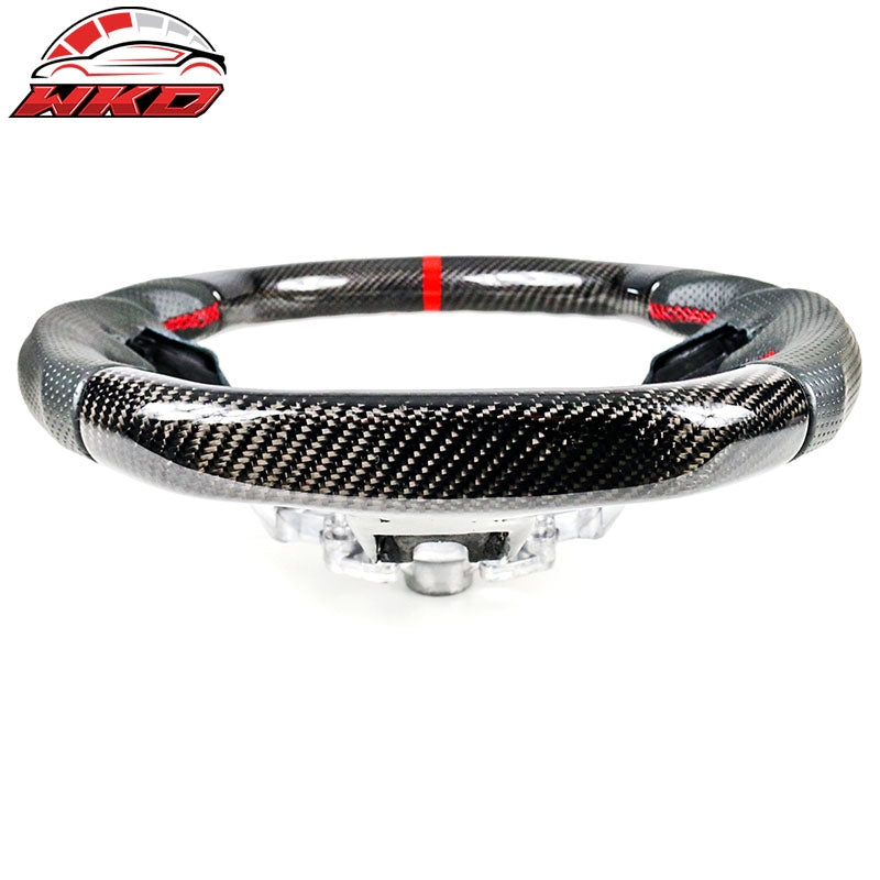 Fits 18-23 Ford Mustang Carbon Fiber Leather Steering Wheel Red Stitching & Ring