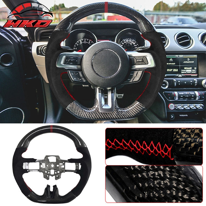 Fits 15-17 Mustang V3 Style Steering Wheel Carbon Fiber with Alcantara Red Ring