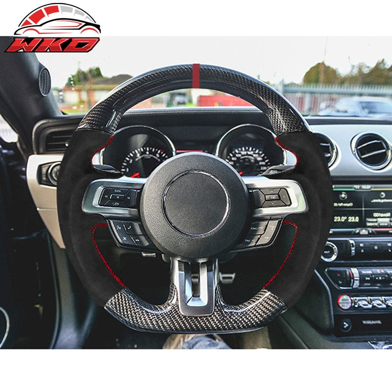 Fits 15-17 Mustang V3 Style Steering Wheel Carbon Fiber with Alcantara Red Ring