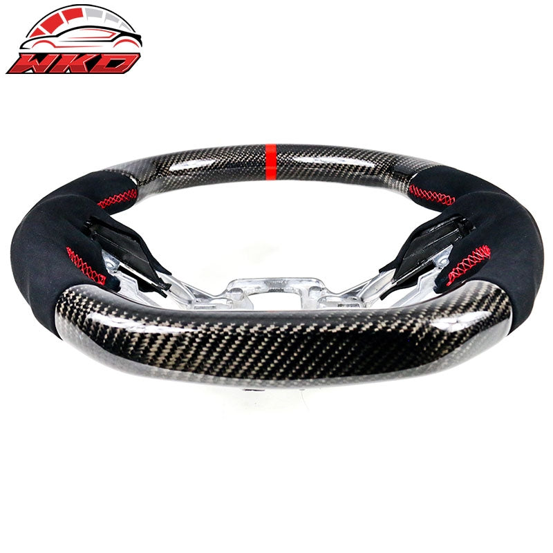 Fits 18-23 Ford Mustang V3 Style Carbon Fiber Steering Wheel Red Stitching Ring