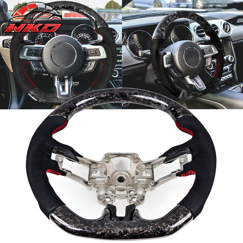 Fits 18-23 Ford Mustang Steering Wheel W/Red Stitching Forged Carbon Fiber