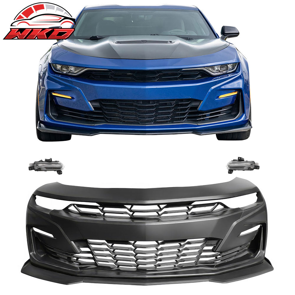 Fits 19-24 Camaro SS PP Front Bumper Cover + LED DRL Turn Signal Matte Black Lip