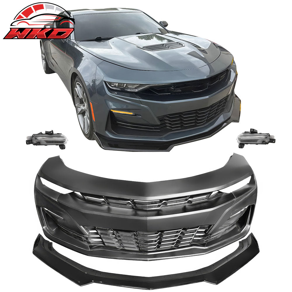 Fits 19-24 Camaro SS PP Front Bumper Cover + LED DRL Turn Signal Gloss Black Lip