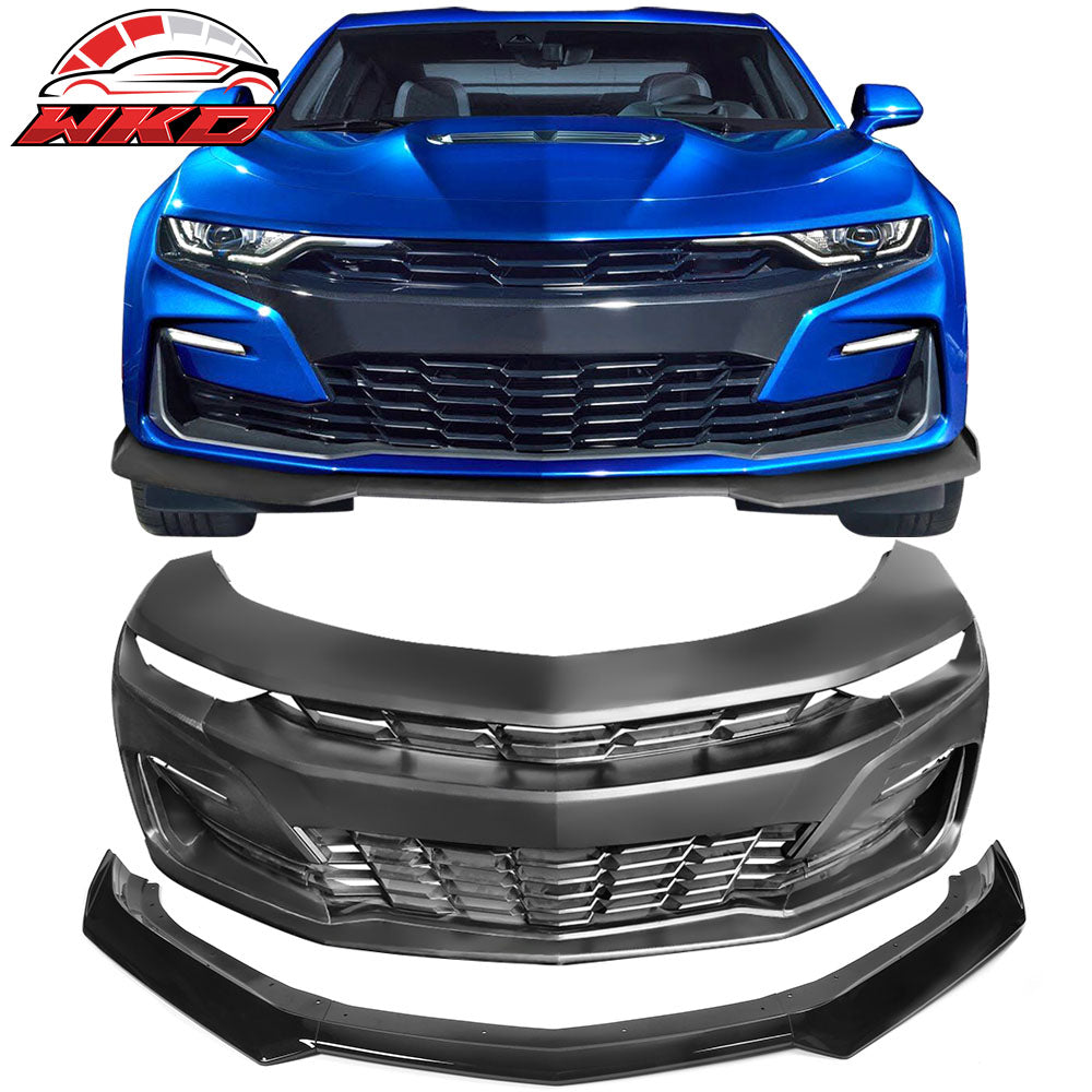 Fits 19-24 Camaro SS PP Front Bumper Cover + LED DRL Turn Signal Gloss Black Lip