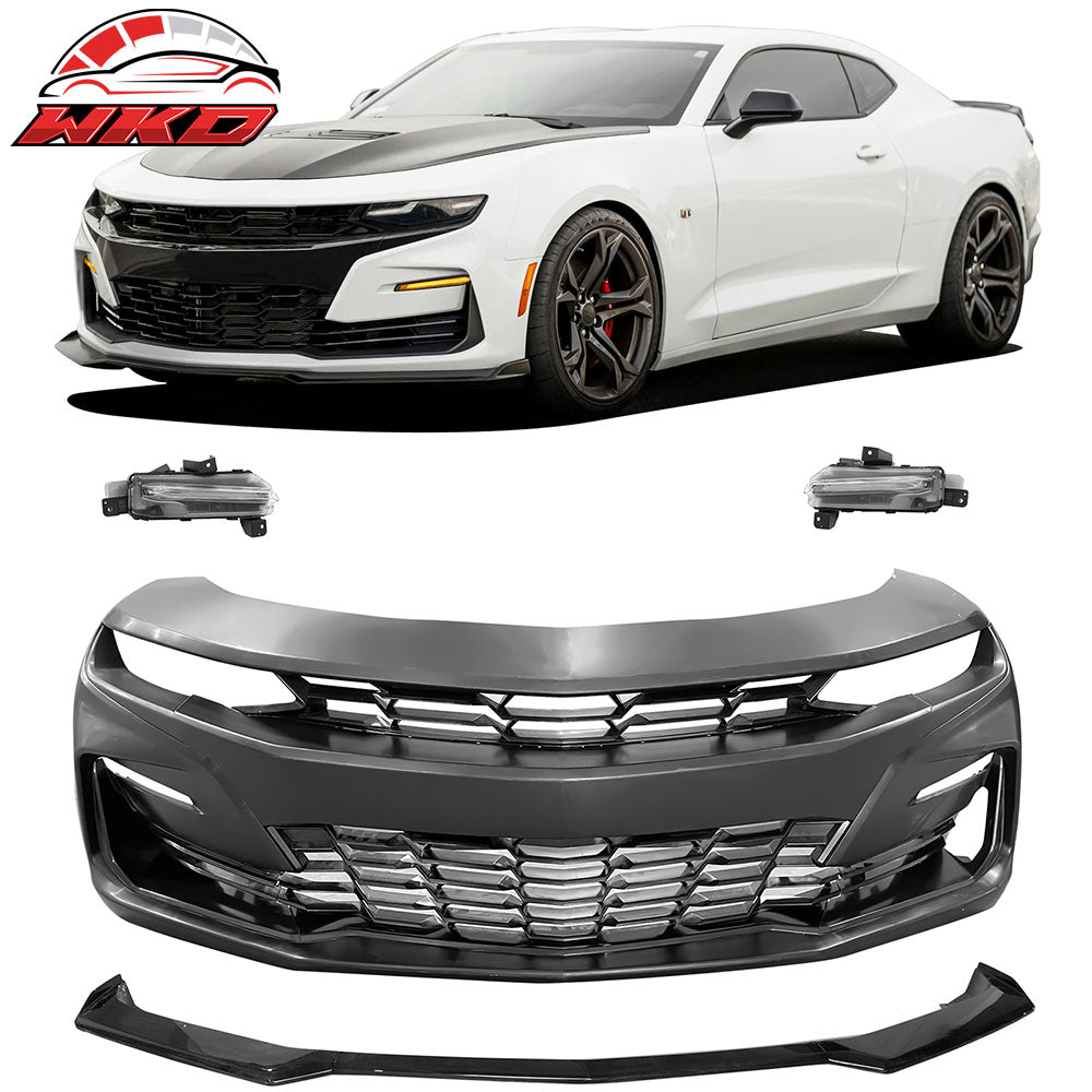 Fits 19-24 Camaro 19 SS Front Bumper Cover LED Turn Signal DRL + Gloss Black Lip