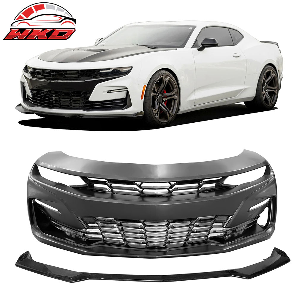 Fits 19-24 Camaro 19 SS Front Bumper Cover LED Turn Signal DRL + Gloss Black Lip