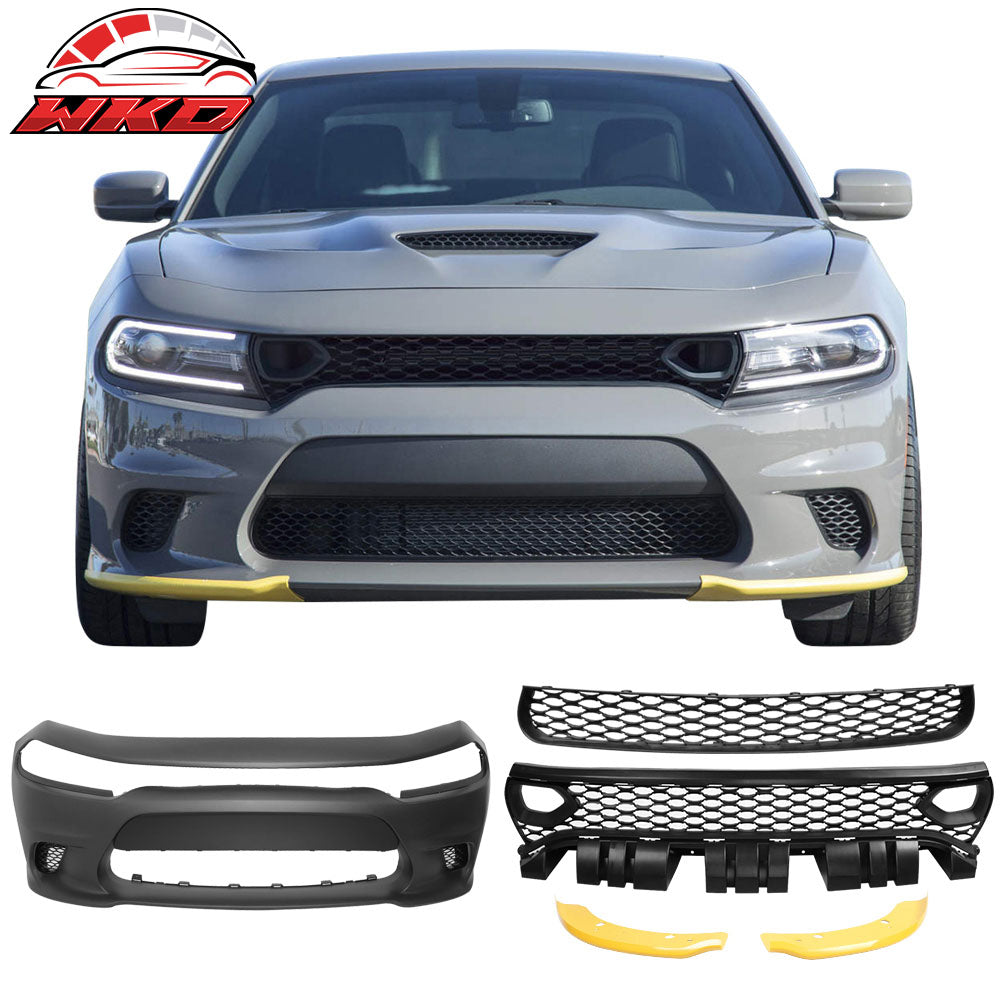 Fits 15-23 Dodge Charger SRT Front Bumper Fascia + Updated 2019 Style Grilles