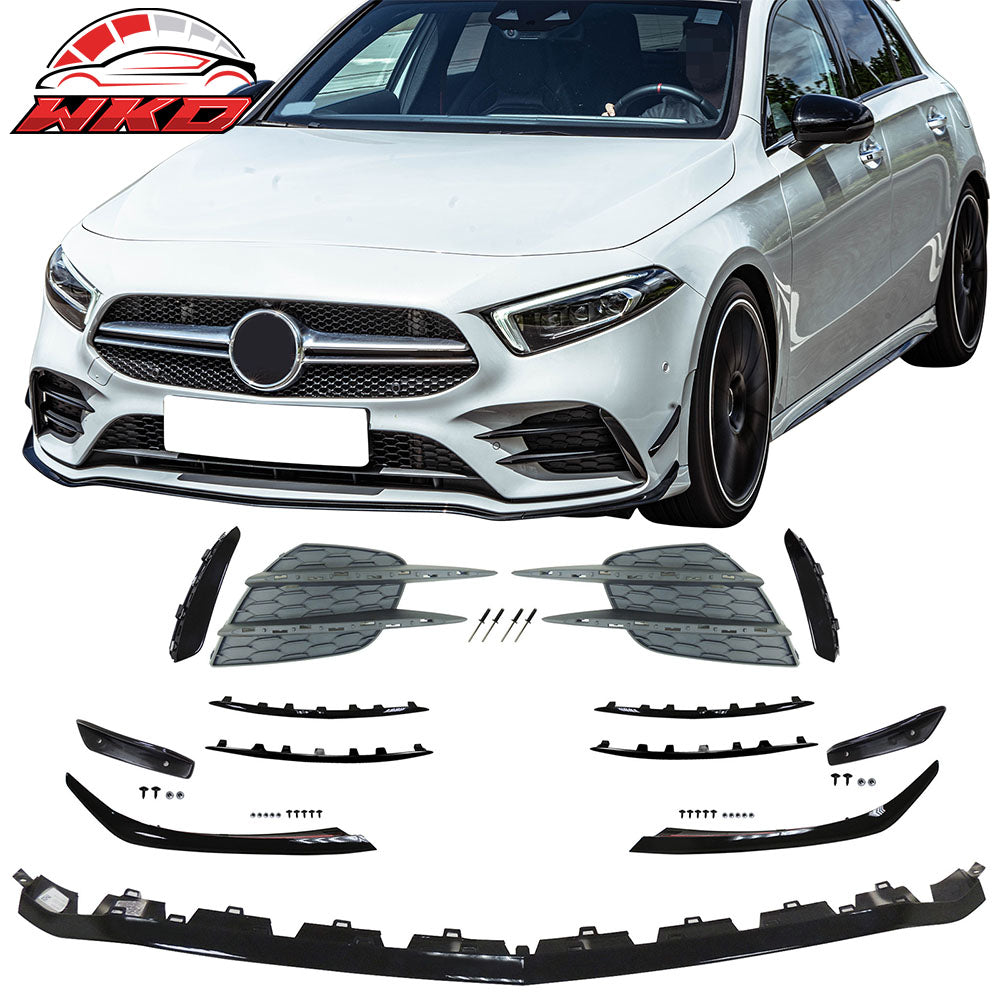 Fits 20-22 Benz W177 A35 AMG Style Front Bumper Lip W/Grille Gloss Moulding PP