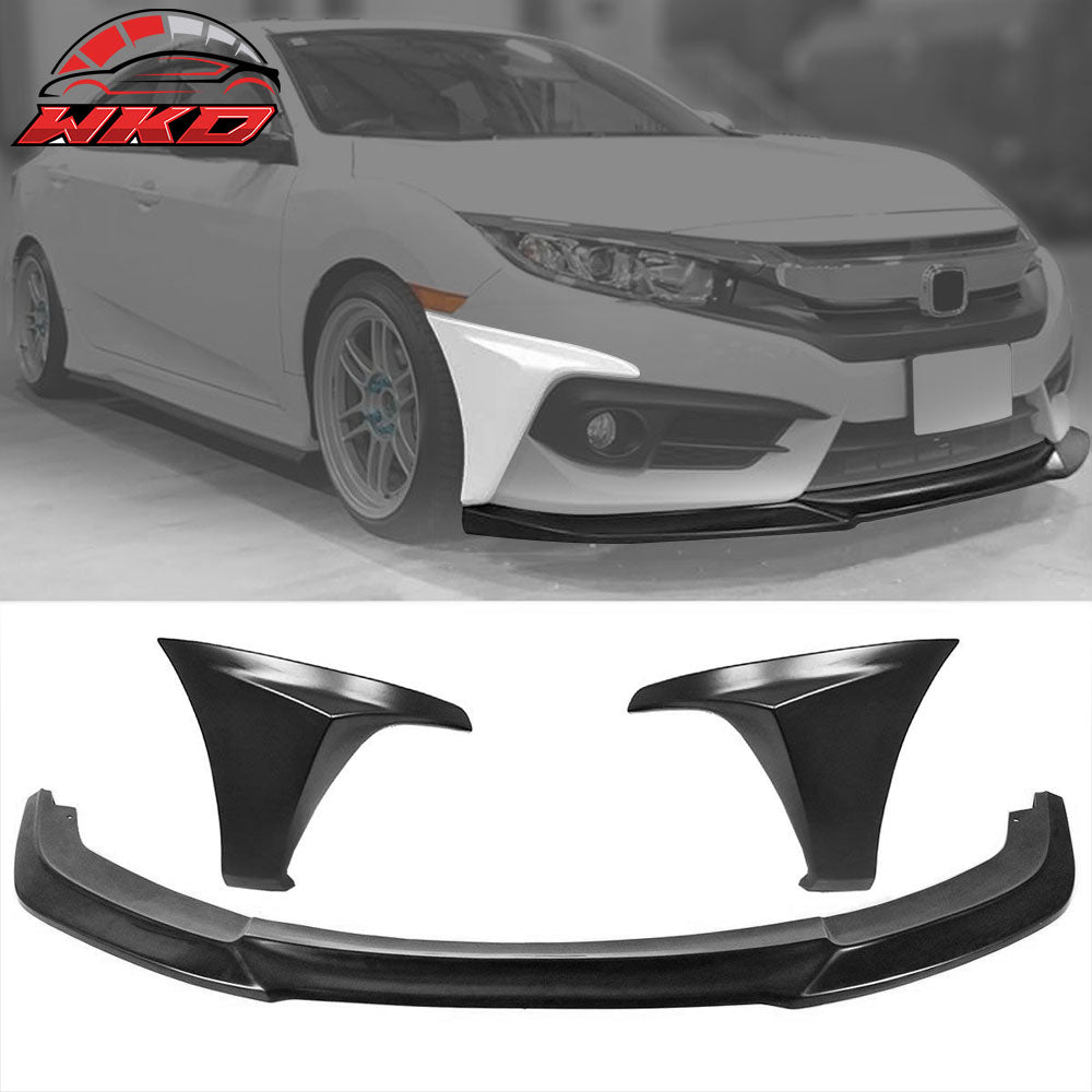 Fits 16-18 Honda Civic Coupe Sedan IKON GT Style Front Bumper Lip +  Side Caps