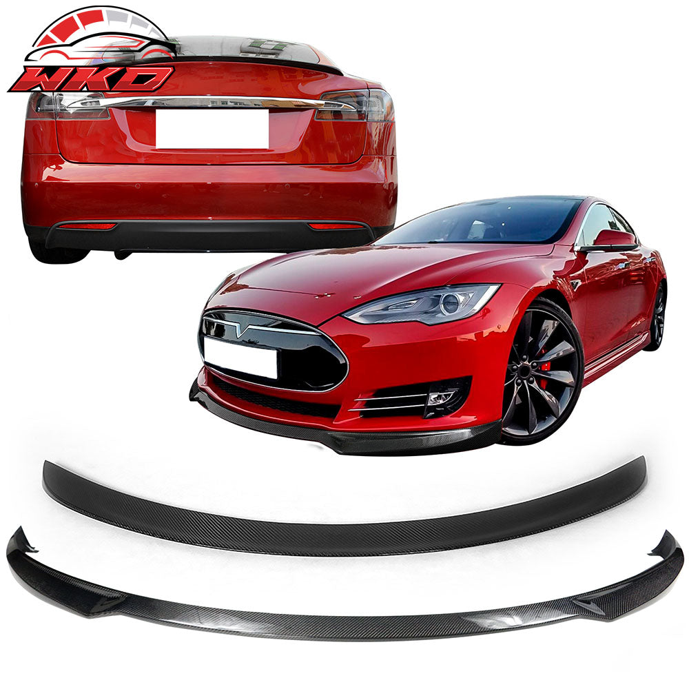 Fits 12-16 Tesla Model S Front Bumper Lip & OE Style Trunk Spoiler Carbon Fiber
