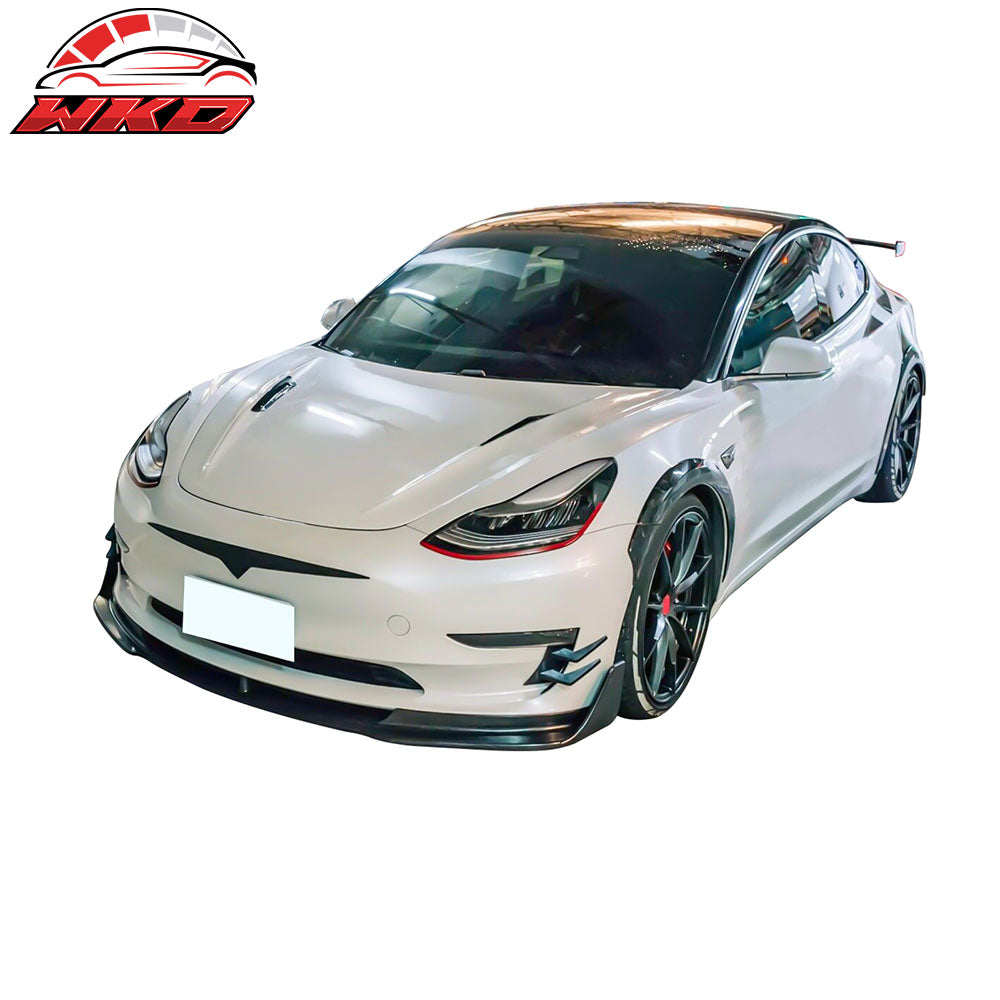 Fits 17-23 Tesla Model 3 V Style Front Bumper Lip Spoiler Kit Unpainted PP 5PCS