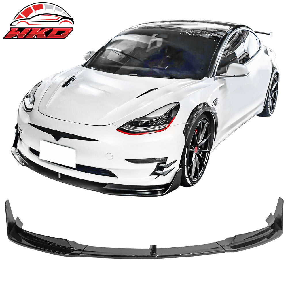 Fits 17-23 Tesla Model 3 V Style Gloss Black Front Bumper Lip Spoiler Kit PP 5PC