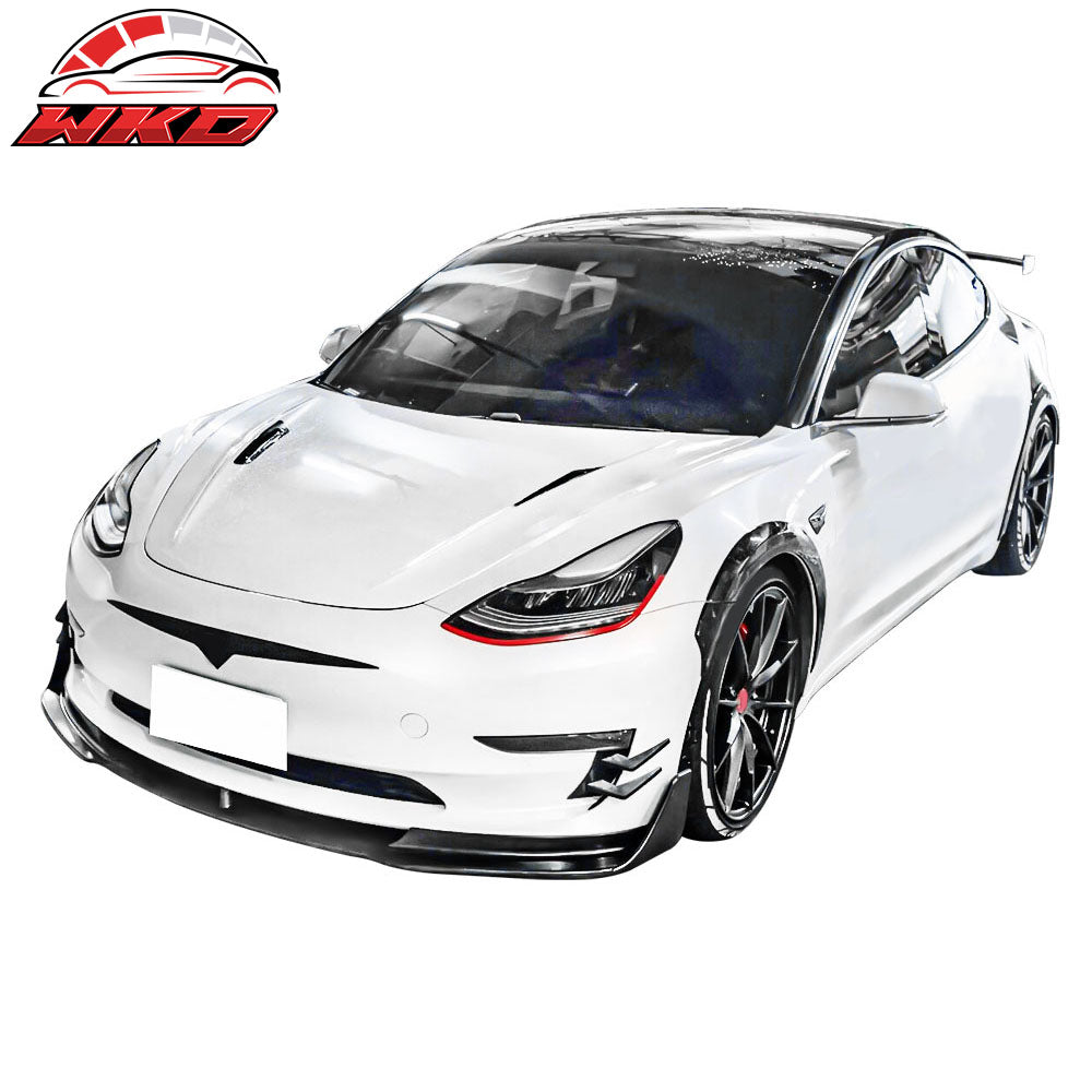 Fits 17-23 Tesla Model 3 V Style Gloss Black Front Bumper Lip Spoiler Kit PP 5PC