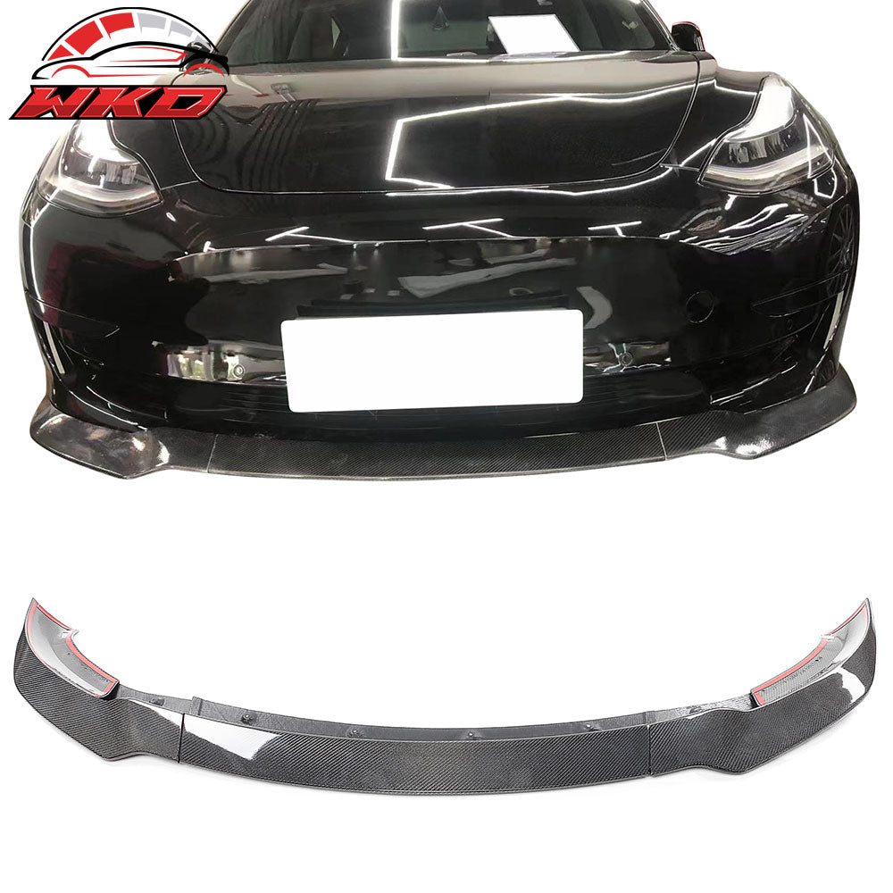 Fits 17-23 Tesla Model 3 Track Pack Gloss Black Carbon Fiber CF Front Bumper Lip