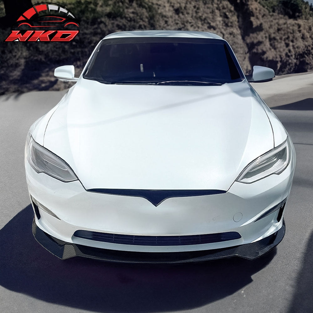 Fits 21-25 Tesla Model S Track Pack Style Front Bumper Lip Carbon Fiber Print