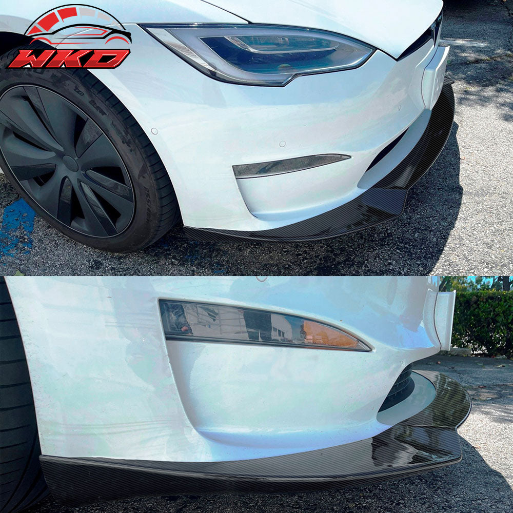 Fits 21-25 Tesla Model S Track Pack Style Front Bumper Lip Carbon Fiber Print