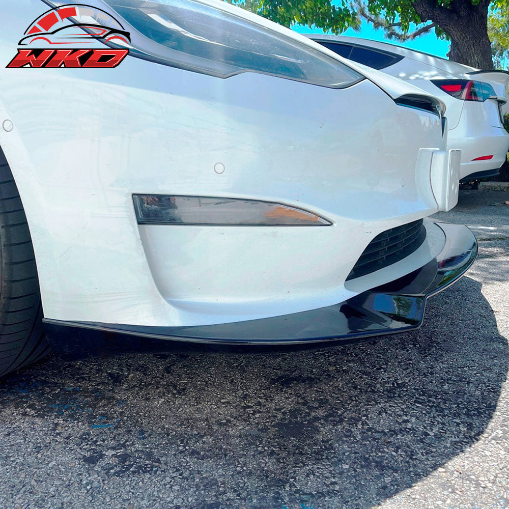 Fits 21-25 Tesla Model S Track Pack Style Front Bumper Lip Gloss Black 3PC Kit