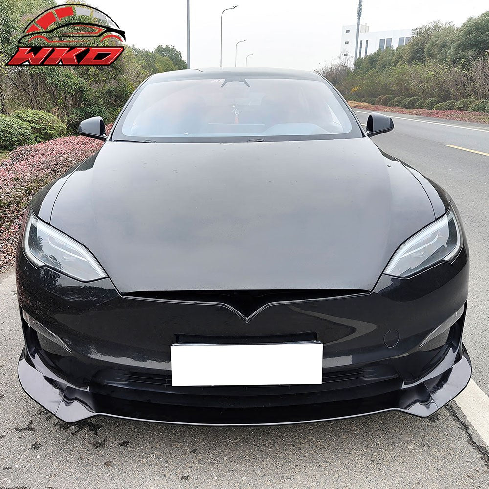 Fits 21-25 Tesla Model S Track Pack Style Front Bumper Lip Gloss Black 3PC Kit
