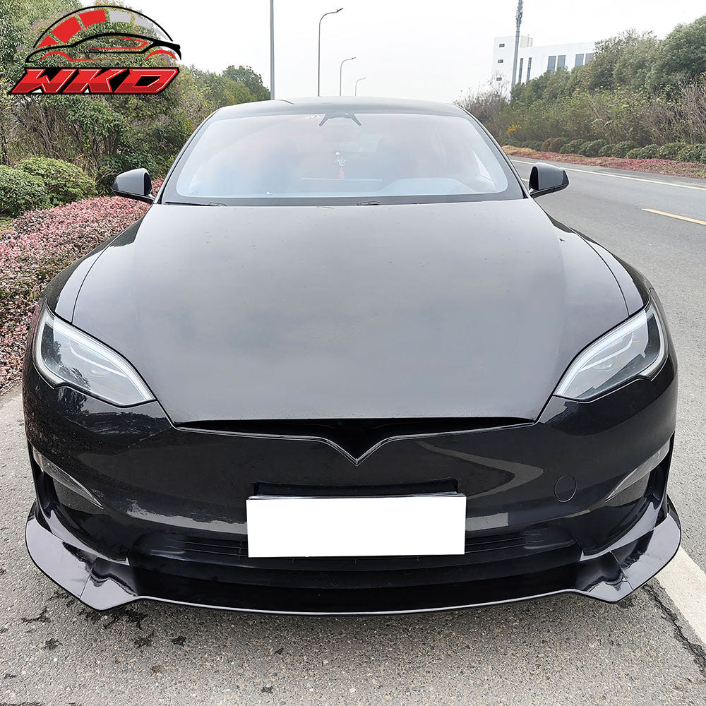 Fits 21-25 Tesla Model S Track Pack Style Front Bumper Lip Gloss Black 3PC Kit