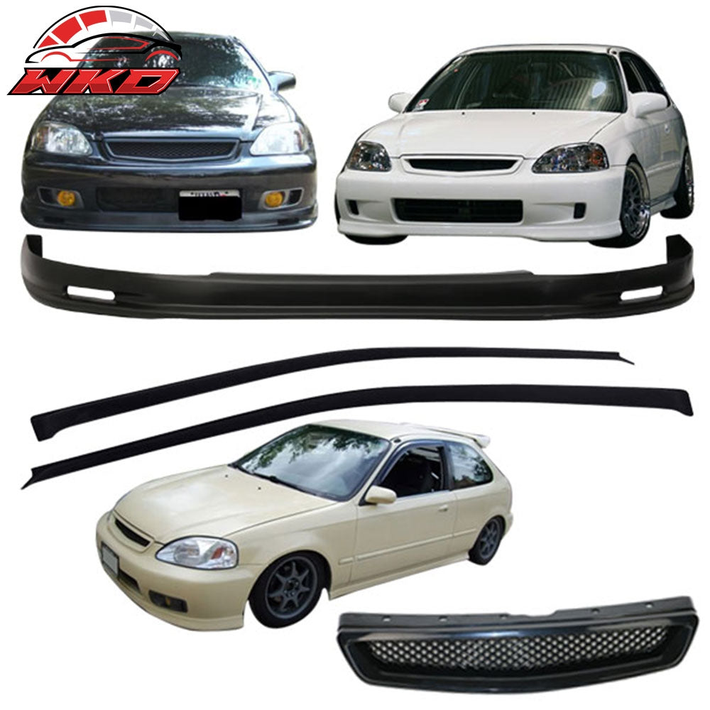 Fits 99-00 Honda Civic Mugen Front Bumper Lip PP + Front Grille + Window Visors