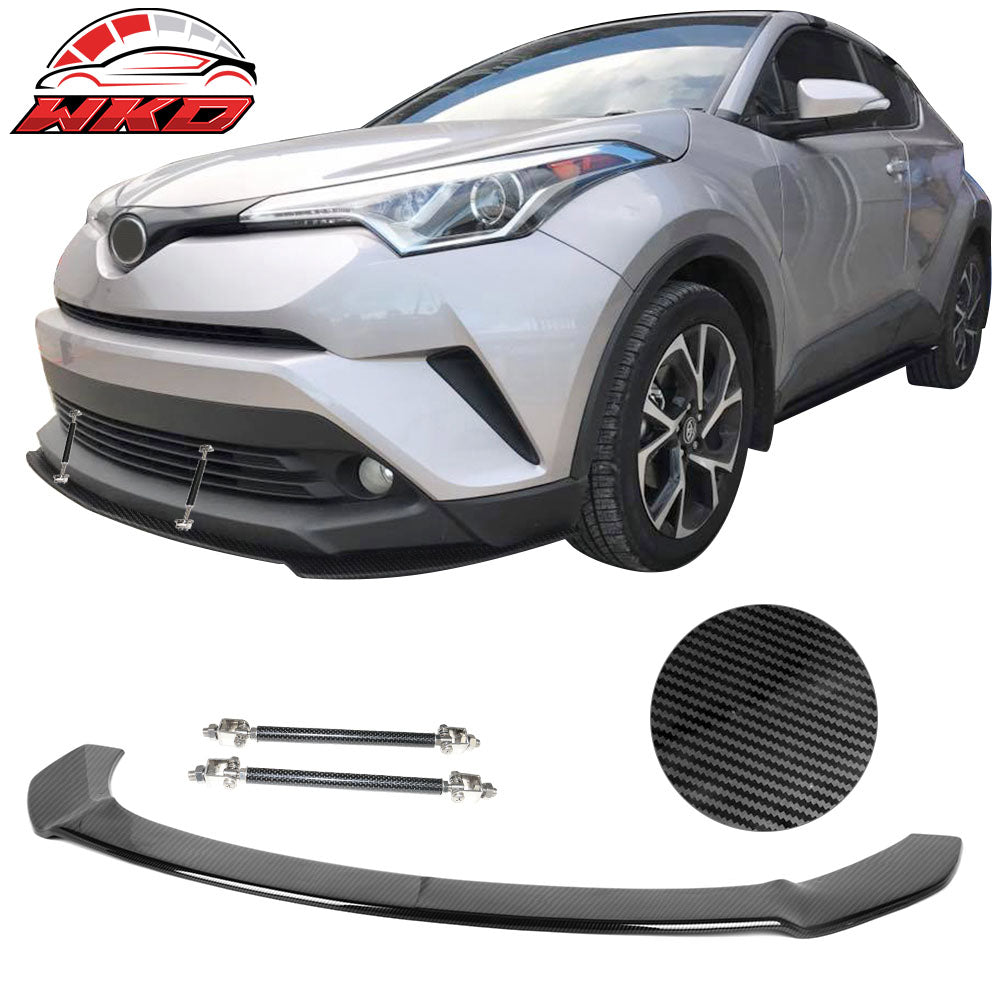 Fit 18-19 Toyota CHR Front Bumper Lip + Adjustable Strut Rods Carbon Fiber Print