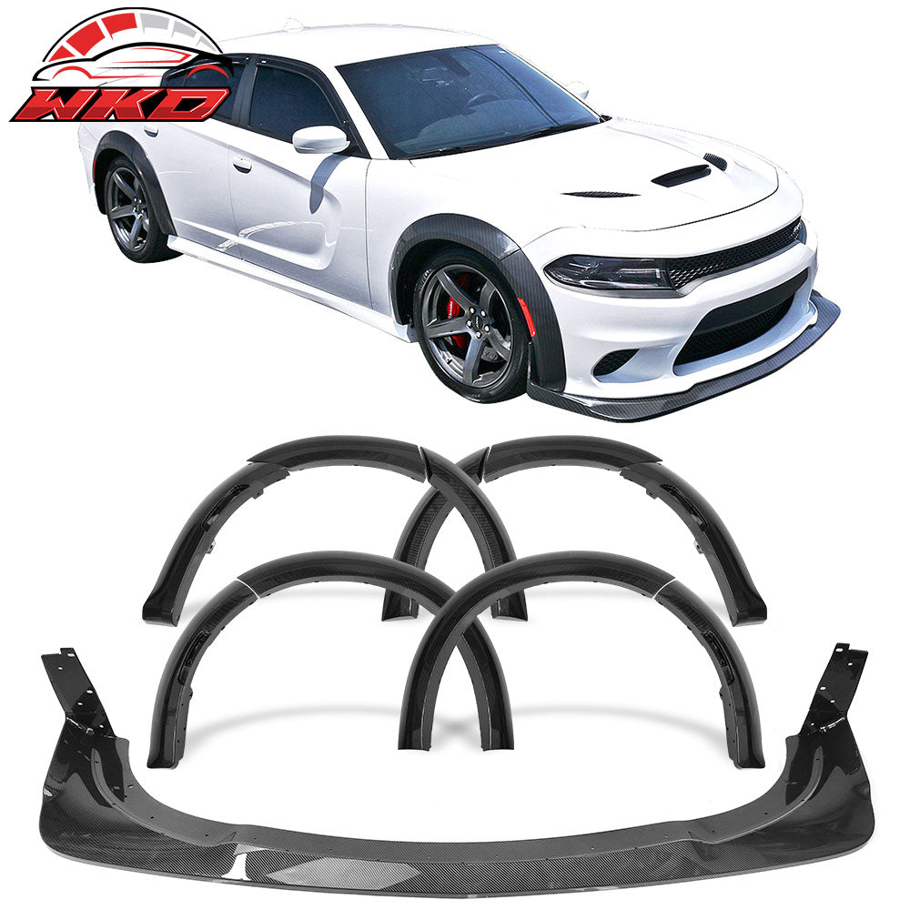 Fits 15-23 Charger Widebody Style Front Bumper Lip & Fender Flares 10PCS CFL ABS