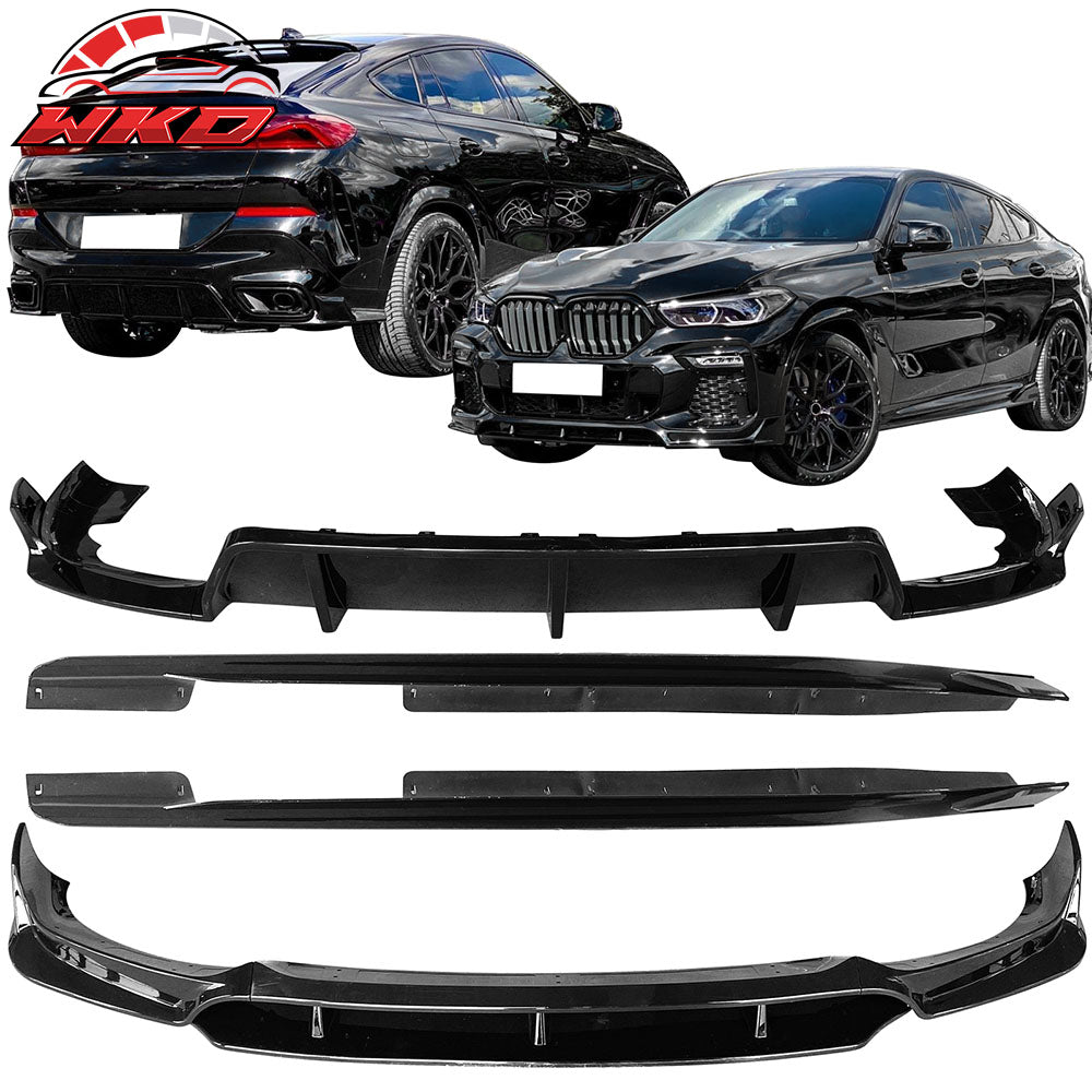 Fits 20-23 BMW G06 X6 IKON Front + Rear Bumper Lip + 2PC Side Skirts Gloss Black