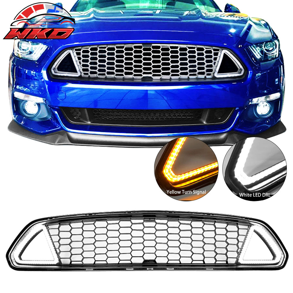 Fits 15-17 Ford Mustang IKON Style Unpainted Front Upper Mesh Grille W/ LED