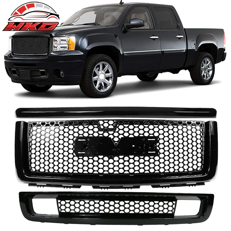 Wholesale 07-13 GMC Sierra 1500 Denali Hood Molding + Upper + Lower Grill Gloss Black
