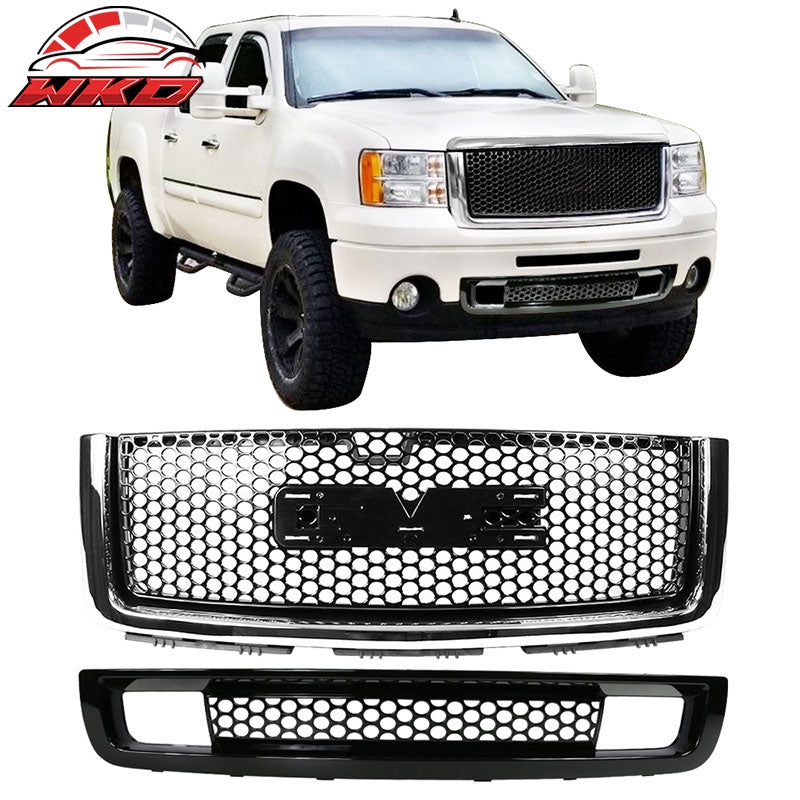 Fits 07-13 GMC Sierra 1500 Denali Upper Lower Bumper Grille Gloss Black