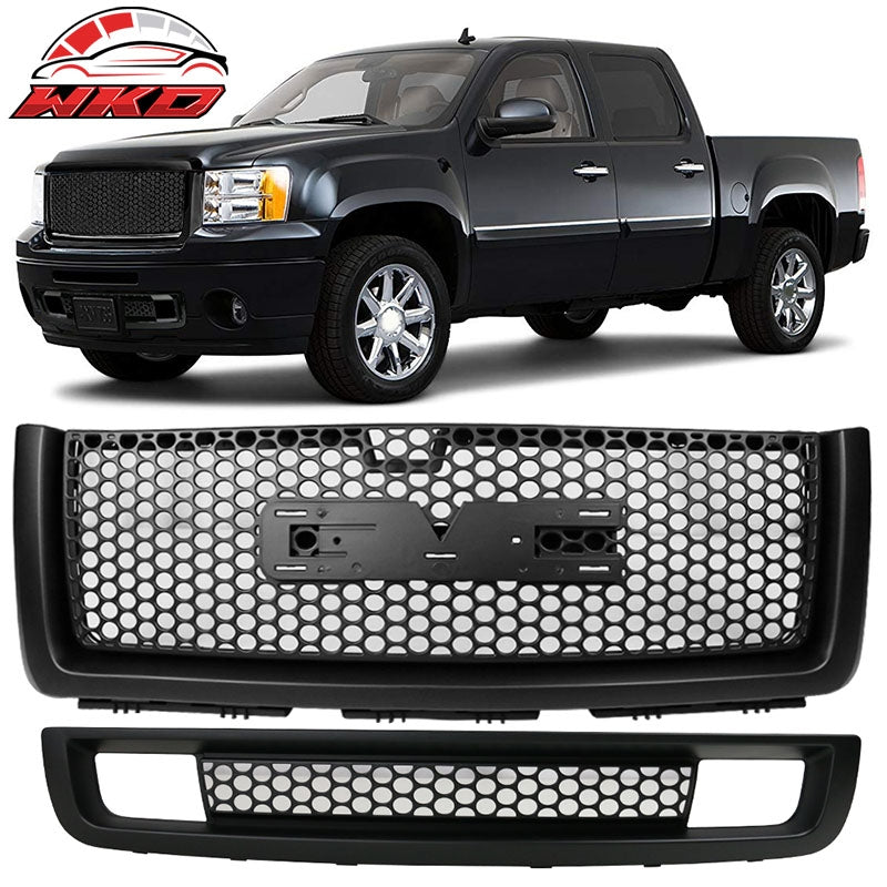 Fits 07-13 GMC Sierra 1500 Denali Upper Lower Bumper Grille Matte Black