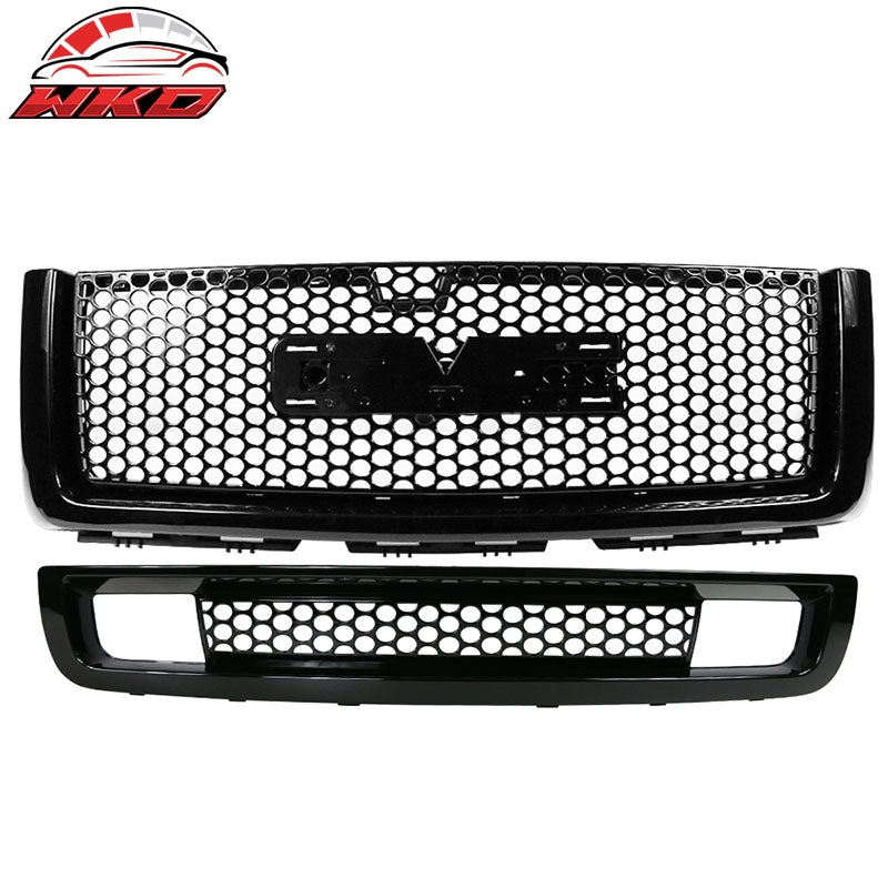 Fits 07-13 GMC Sierra 1500 2PCS Front Upper + Lower Bumper Grille Gloss Black