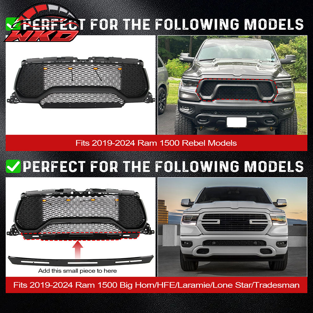 Fits 19-24 Ram 1500 Bighorn Rebel HFE Laramie TRX Style Front Grille Matte Black