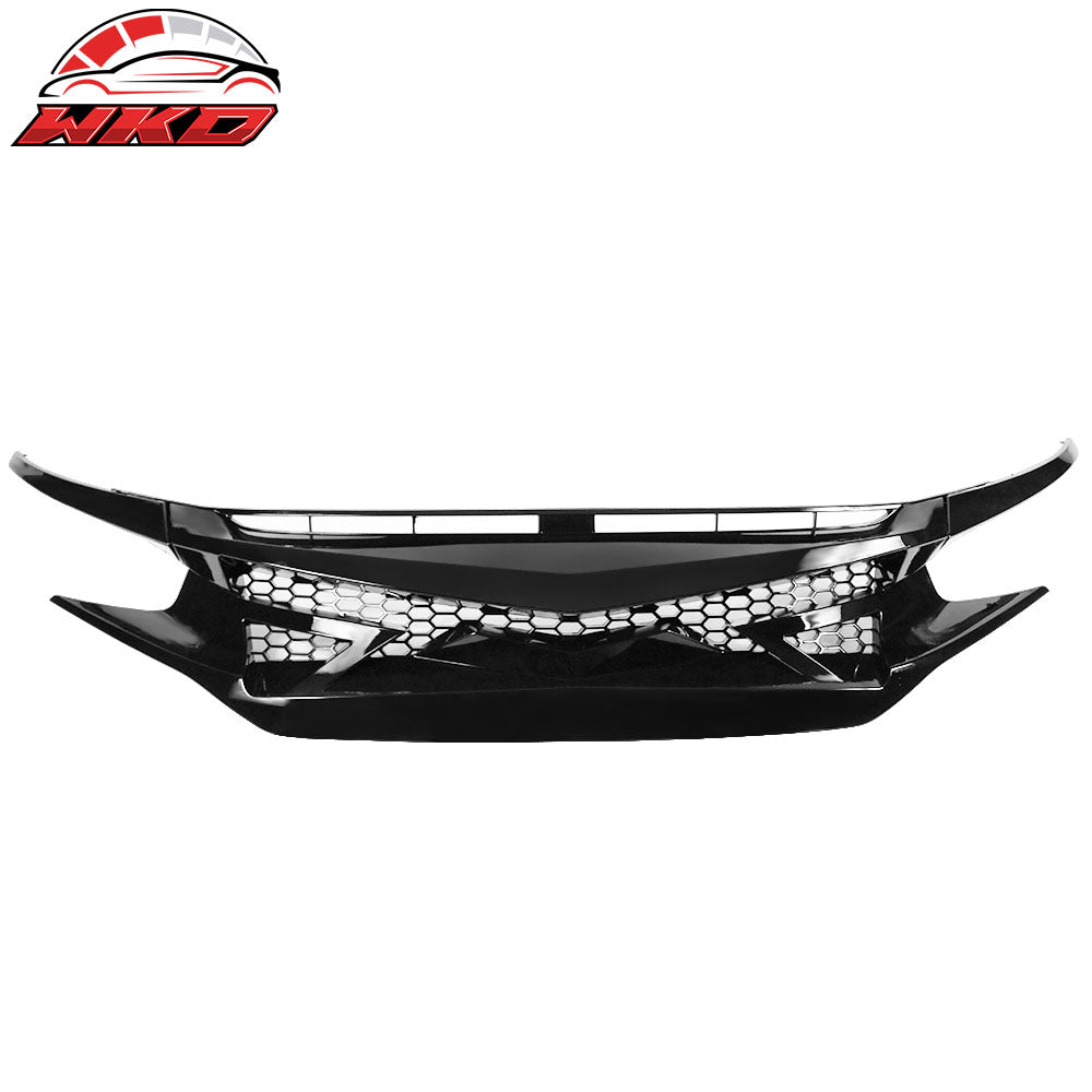 Fits 16-21 Civic 10th Gen IKON Style Gloss Black Front Hood Mesh Grille Eyebrows