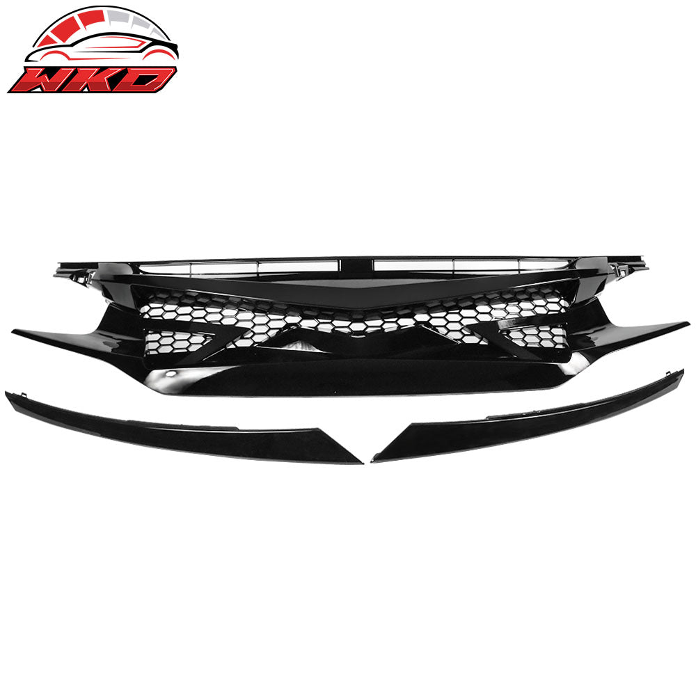Fits 16-21 Civic 10th Gen IKON Style Gloss Black Front Hood Mesh Grille Eyebrows