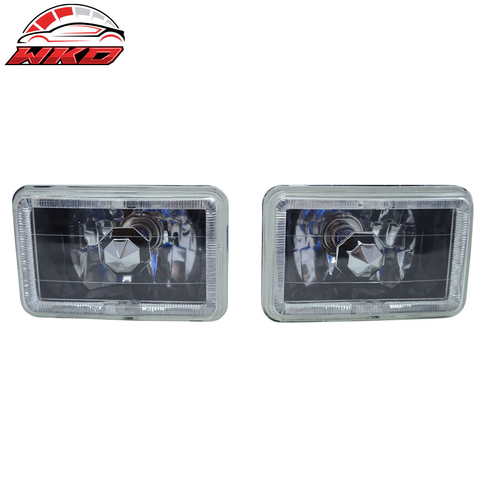 4X6 Square H4 Headlight Lamp W/Halo Halogen Bulb W/Clear Lens Diamond Cut Style