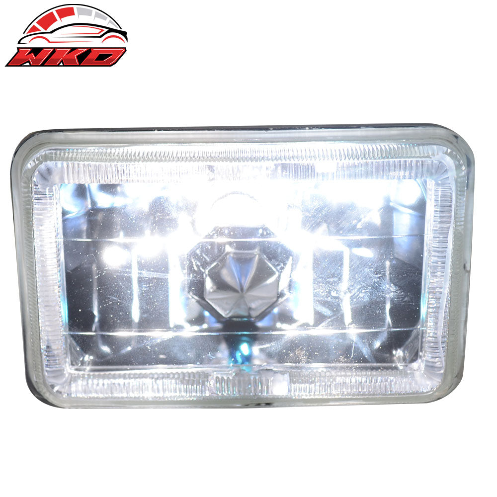 4X6 Square H4 Headlight Lamp W/Halo Halogen Bulb W/Clear Lens Diamond Cut Style