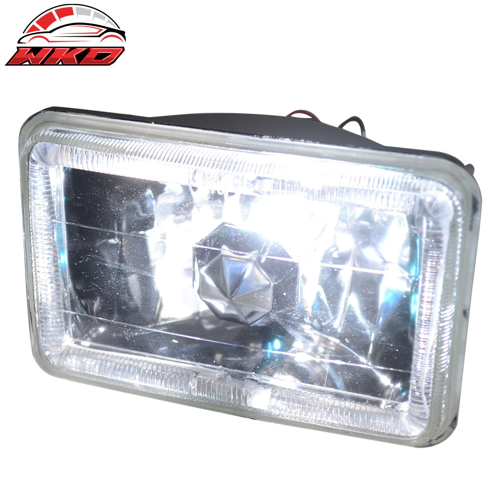 4X6 Square H4 Headlight Lamp W/Halo Halogen Bulb W/Clear Lens Diamond Cut Style