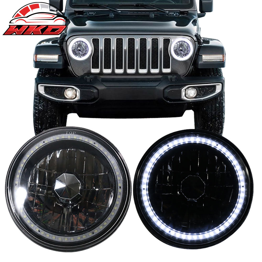 7" H6024 6014 Halogen White LED Halo Ring H4 Light Bulb Angel Eye Headlight Lamp