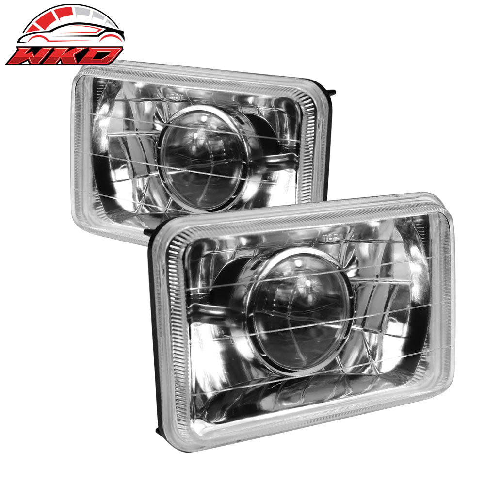 Universal Chrome 7X6 Square H4 Diamond Projector Headlights Left Right