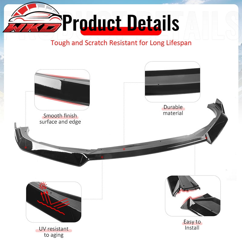 Fits 18-20 Honda Accord 10th Gen IKON V3 3PCS Front Bumper Lip PP Gloss Black