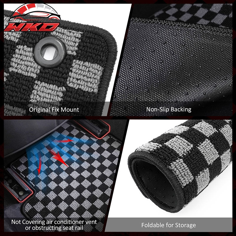Fits 13-17 Honda Accord Floor Mats Non-Slip Carpets Checkered Black Gray Plaid